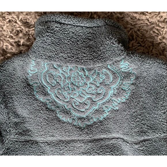 ATHLETA 1/4 ZIP FLEECE EMBROIDERED teal pullover SWEATER JACKET sz S M - Picture 3 of 10